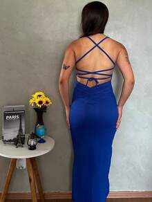 Ribbed Slit And Opening Dress By  Moda 2025 - Azul - Ver 3