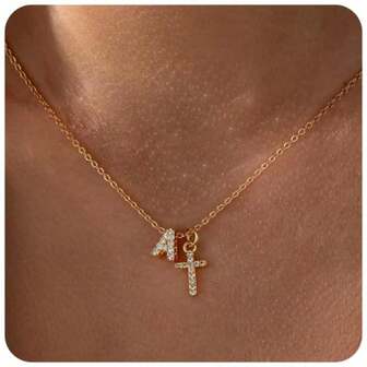 1pc Simple Fashion Pave Zirconia Cross Initial Pendant Gold Color Stainless Steel Chain Necklaces For Women