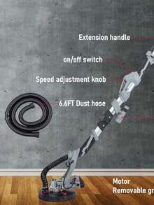 Lijadora de pared eléctrica con mango extensible, velocidad variable de 800 a 1700 RPM, chasis giratorio de 360°, 6 discos de lijado, para techos y placas de yeso. - Negro - Ver 4