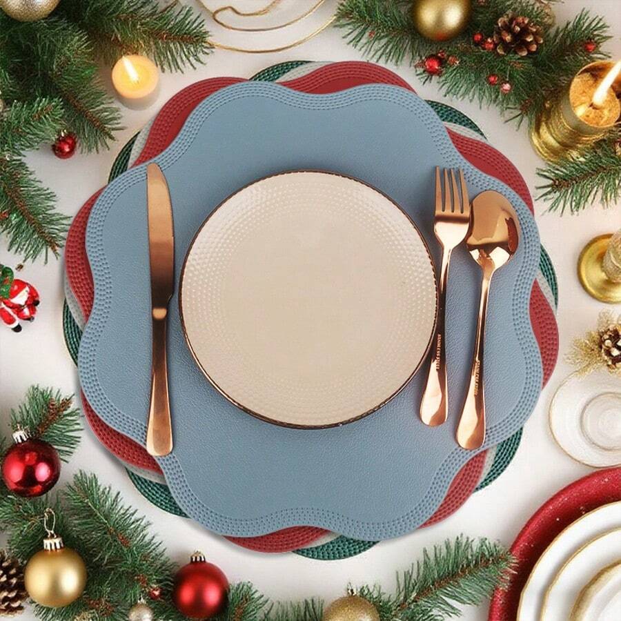 ABKOK 4 pièces Set de sets de table en forme de fleur de Noël en PU antidérapant, options de couleur rouge/bleu/vert/argent, imperméable et résistant à l'huile, convient pour Noël, Nouvel An, réunions de famille