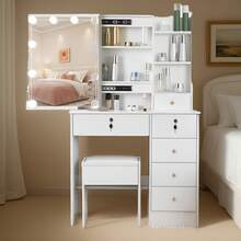 Favourite Gift White Dressing Table With Mirror Stool +6 Drawers Modern Bedroom Led Makeup Desk - White - View 7