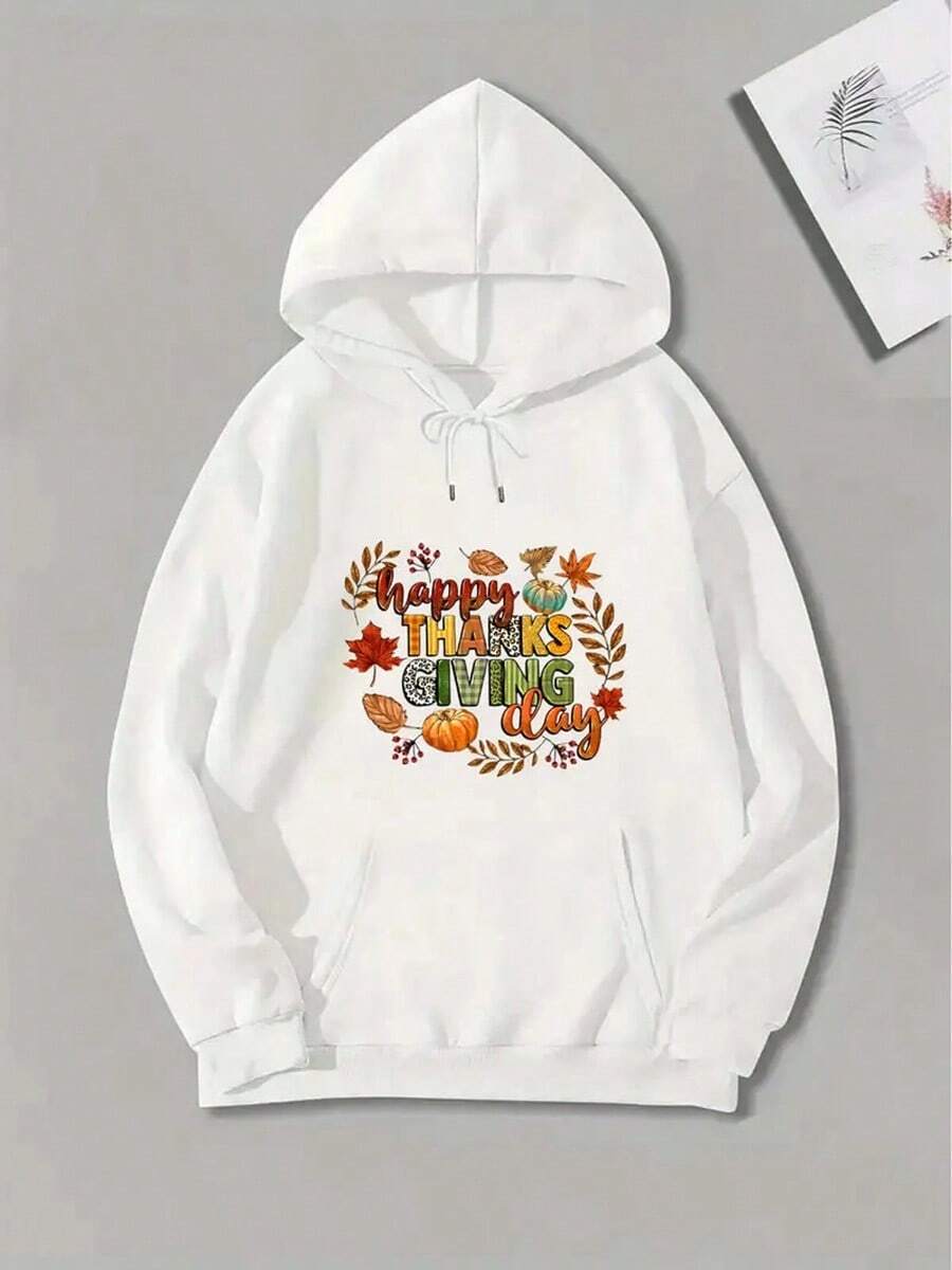 MEN'S Thanksgiving Hoodie - Happy Thanksgiving Day Text With Pumpkin, Maple Leaf & Turkey Graphic - Lightweight Pullover Sweatshirt For Fall, Christmas, Everyday - Cozy Casual Hooded Sweater For MEN,Fall Hoodies,Men's Fall Clothes,Street Wear,Halloween,Mens Hoodies,Y2k Clothes,Jesus Hoodie,Thanksgiving Day,Nightmare Before Christmas,Christmas - 白色 - 查看 1