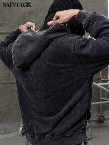 Unisex Vintage Distressed Double Layer Plaid Hoodie Sweatshirt, Fashionable Autumn/Winter