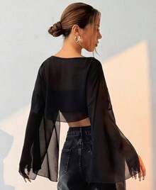 Cropped Tulle Cape With Open, Flowing Sleeves - Black - View 2