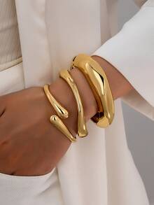 Set de 3 piezas/1 set de pulseras tipo brazalete geométricas minimalistas asimétricas con forma de lágrima, de tono dorado con textura gruesa, adecuadas para mujeres, de material grueso, liso, mate, de metal pesado y aleación de zinc - Amarillo Oro - Ver 1