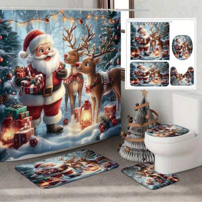 1/3/4 pezzi Set di tende da bagno per Natale e vacanze, tenda da doccia con tappetino da bagno abbinato, copriwater a forma di U, lavabile in lavatrice, tessuto in poliestere impermeabile con stampa di cervi, include 12 ganci, decorazione per bagno a tema invernale e animali, decorazione moderna per la casa, tenda da appendere, adatta per decorazione domestica, decorazione da bagno, decorazione natalizia, decorazione per vacanze e uso quotidiano