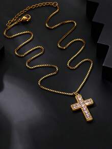 Inlaid Square Zirconia Cross Necklace For Men 18K Gold Plated Box Chain Stainless Steel Necklaces Luxury Design Cross Charm Jesus Religious Style Jewelry Daily Wear