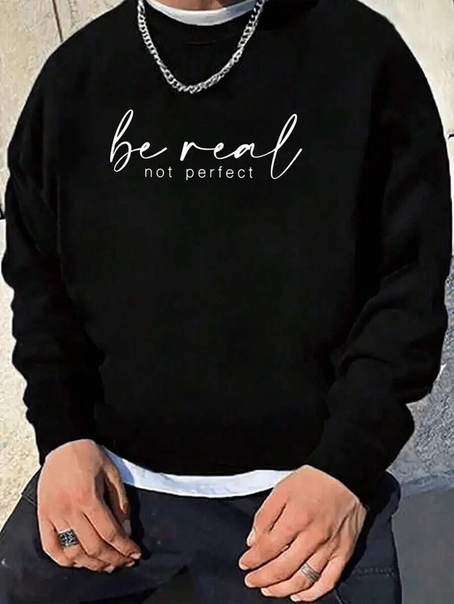 Be Red Not Perfect Printed Fashionable Men'S Casual Long Sleeved Round Neck Pullover Sweatshirt, Suitable For Outdoor Sports, Suitable For Autumn And Winter,Fall Hoodies,Men's Fall Clothes,Street Wear,Halloween,Mens Hoodies,Y2k Clothes,Jesus Hoodie,Thanksgiving Day,Nightmare Before Christmas,Christmas - Black - View 1