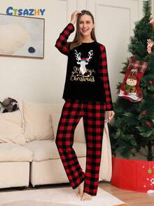 Weihnachts-Hirschgeweih-Muster Patchwork Muster Oma Karomuster Nachtwäsche Set für Frauen, inklusive dekorativer Beleuchtung, Herbst-Winter-Kleidung - Verschiedenfarbig - Übersicht 5