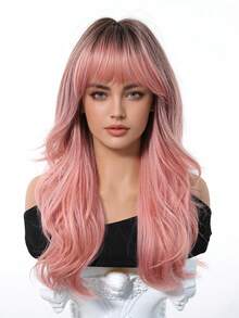 24 Inch Long Wavy Wigs With Bangs Dark Roots Brown Wigs For Women Brown Ombre Hair With Blonde Wigs,Heat-Resistant Synthetic Wigs For Daily Party Cosplay Wigs - Pink Ombre - View 3