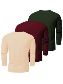 3pcs/Set Plus Size Men's Crew Neck Long Sleeve T-Shirts, Plus Size T-Shirt 3-Color Combination, Plus Size Men's T-Shirt Multi-Pack, Fall Clothes - Multicolor - View 2
