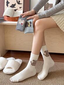 1 par de calcetines de tripulación con diseño de animales versátil y lindo, calcetines casuales de invierno/otoño para mujer