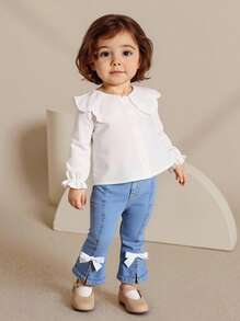 SHEIN Elladie kids Áo sơ mi dài tay cổ Peter Pan ren thanh lịch cho bé gái, thích hợp mặc đi học, hoạt động ngoài trời, du lịch, mùa thu/đông - trắng - Xem 2