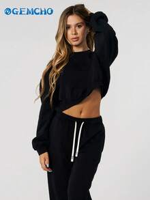 GEMCHO 2 Stücke/Set Fester Schulterausschnitt Crop Pullover & Sweathose, Damen Zweiteiler, Herbstkleidung