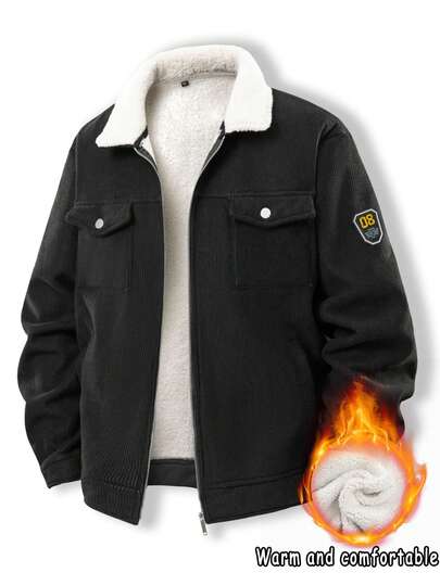 男士夹克，纯色羊毛领夹克，时尚保暖多口袋设计冬季外套