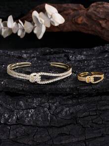 2pcs Luxury Double Circle Zirconia Bracelet & Ring Set