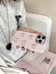Minimalist Style Girly Phone Case | Red/Pink, With 5 Electroplated 3D Heart Decorations | Cute Heart Theme Design | Scratch-Resistant, Anti-Fall | Compatible With IPhone 17/17 Air/17 Pro/17 Pro Max, 16-11/Pro/Pro Max/Plus, S20-S25/Ultra/FE/Plus/Ultra, Redmi, Simple Ins Style - Pink - View 1