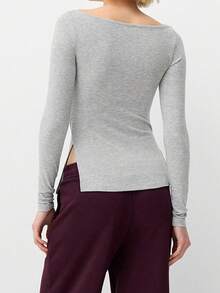 Women's Boat Neck Tops Fall Fashionable Solid Color Long Sleeve Slim Fit Slit Shirts - Grey - View 2