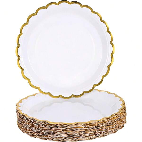 10pcs White And Gold Paper Plate Inch 9 Inch Ivory Scalloped Paper Plates With Gold Foil Disposable White Paper Plates Set For Birthday Wedding Christmas New Year Bridal Shower Party Supplies Decorations