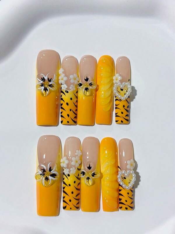 10pcs Y2K Fall Extra Long Coffin Yellow Leopard French Handmade Press On Nails, With 3D Extended Flowers, White Pearl Decoration; Elegant & Simple; Nail Supplies, Homemade Nails, DIY Press On Nails, Nail Art, Acrylic False Nails; Suitable For Party, Daily Wear, Wedding; Great Gift For Women & Girls; Includes 1Sheet Jelly Glue & 1pc Mini File