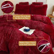 Plush Shaggy Duvet Cover Set, Ultra Soft Fluffy Bedding Sets 3 Pieces (1 Fuzzy Comforter Cover + 2 Pillow Cases), Zipper Close (, Pink), Luxury Bedding - Red - 查看 6
