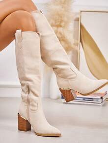 fandelle Women's Pointed Toe Side Zipper Fashion Chunky Heel Tall Boots For Daily Wear - Beige - View 2