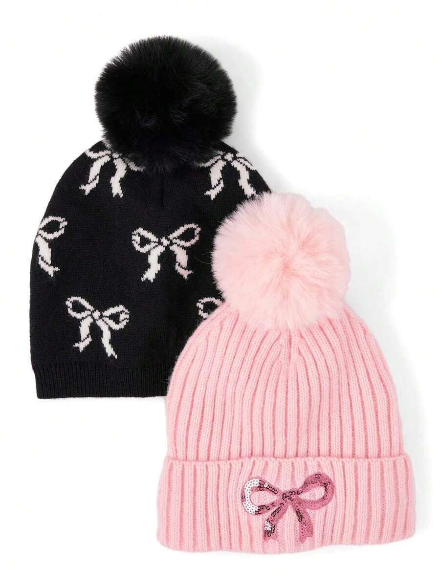 The Children's PLACE Girls Bow Pom Pom Beanie 2-Pack - ĐA CLR - Xem 1
