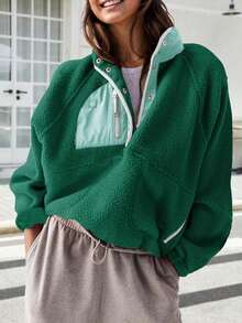 Women's Lightweight Fleece Pullover Jacket Cropped Fall Winter Fuzzy Sherpa Jacket Sweatshirt Coat With Pockets - màu xanh lá - Xem 1