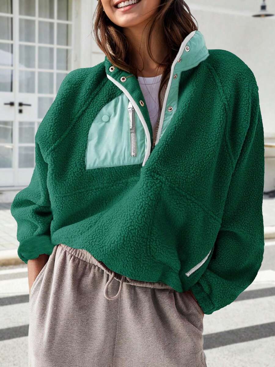 Women's Lightweight Fleece Pullover Jacket Cropped Fall Winter Fuzzy Sherpa Jacket Sweatshirt Coat With Pockets - màu xanh lá - Xem 1