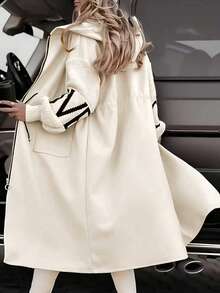 Plus Size Women Knit Sleeve Patchwork Hooded Zip-Up Long Casual Jacket, Everyday Wear, Autumn/Winter