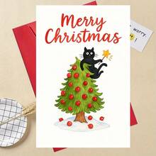 1pc Funny Christmas Card-Christmas Cards With Envelopes With Santa Claus, Reindeer And Dog Decorating The Christmas Tree, Suitable For Holiday Wishes And Celebratory Gifts For Friends, Family And Colleagues