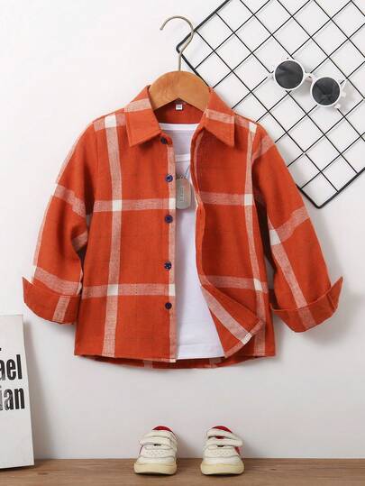 Young Boy Plaid Long Sleeve Single-Breasted Casual Shirt, Autumn