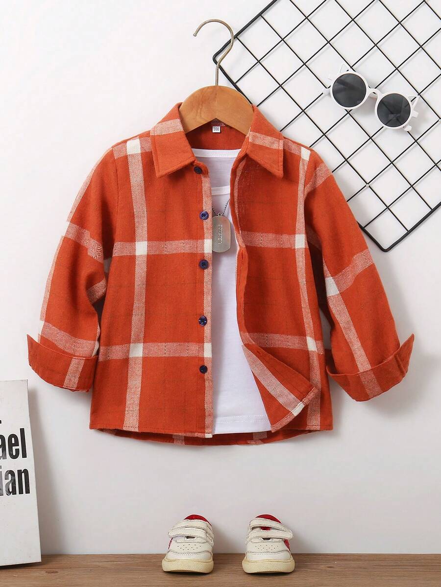 Young Boy Plaid Long Sleeve Single-Breasted Casual Shirt, Autumn
