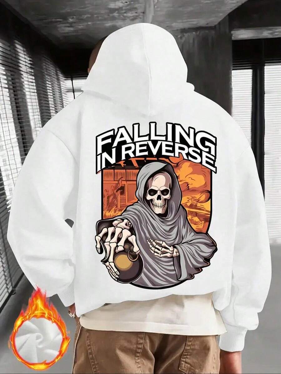 Men'S Hooded Sweatshirt - Falling In Reverse Graphic Pullover Hoodie With Hood, Loose Fit Long Sleeve Hoodie For Concerts, Gym, Everyday Streetwear,Fall Hoodies,Men's Fall Clothes,Street Wear,Halloween,Mens Hoodies,Y2k Clothes,Jesus Hoodie,Thanksgiving Day,Nightmare Before Christmas,Christmas - White - View 1
