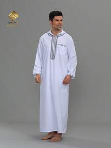 AL HARAMAIN HARAMAIN 男士刺绣设计连帽摩洛哥风格长袍，长袖阿拉伯祈祷长袍，畅销连帽白色男士阿拉伯长袍，男士优雅阿拉伯长袍 - 柔软长袖祈祷服，可机洗，适合所有季节和宗教场合 | 圆领设计 | 光滑质地 | 男士正装男士传统阿拉伯长袍摩洛哥连帽款式 - 白色 - 查看 4