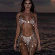 1 件水钻几何镂空文胸和丁字裤带身体链套装，欧美珠宝时尚胸链身体链性感流苏水钻比基尼胸链音乐节闪亮身体链， - 彩色 - 查看 1