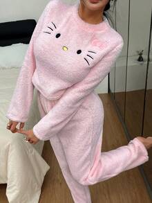 SANRIO 联名款女士舒适双面绒刺绣 Hello Kitty 猫咪短款上衣和休闲家居裤两件套 - 粉色 - 查看 2