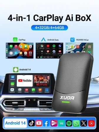  XUDA 新款 4 合 1 Carplay Ai Box Android 14/Carplay/Android Auto/HiCar，并支持在四种操作系统之间切换 4+32GB/4+64GB 提供高性能、多功能、稳定流畅运行而不会中断，并内置应用程序