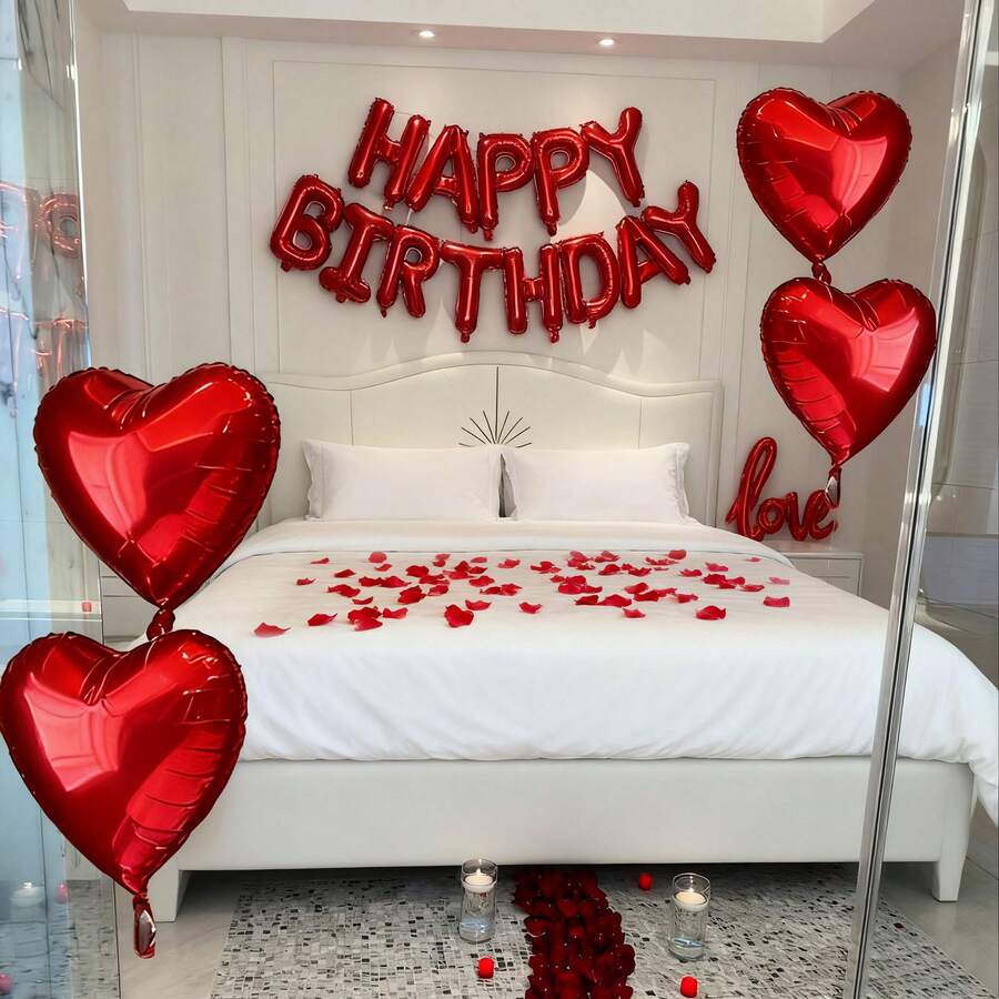 220/13件套红色生日快乐气球套装，包含“生日快乐”字母气球、连体“LOVE”气球和一个18英寸红色心形铝箔气球。适用于生日派对、生日装饰、派对用品、浪漫情人节家居装饰、家居装饰。