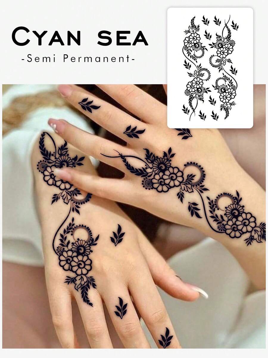 1pc Herbal Temporary Tattoo Sticker, Lasts 7-14 Days, Henna Flower Pattern, Washable PVC Material, Disposable, Waterproof & Sweat-Proof, Suitable For Waist & Knee, Non-Reflective, Realistic Tattoo, Suitable For Fashion Enthusiasts Daily Use - Black - View 1