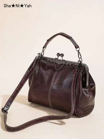 Ladies Soft Retro Leather Large Capacity Kiss Lock Portable Shoulder Crossbody Women Handbag Cell Phone Bag Clutch Bag Purse Party Dinner Bag Spanish Bag Casual Versatile Paragraph Birthday Gift Removable Shoulder Strap Cheap On