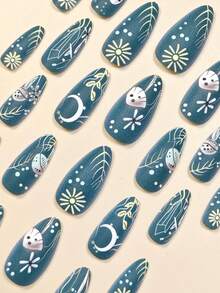 24片杏仁形清新优雅森系可爱蘑菇绿植假指甲，表达您的爱意；时尚月光草甸风景假指甲贴纸，全覆盖式设计，适合女性和女孩。包含美甲沙龙套装，内含1瓶果冻胶和1把指甲锉。果冻胶颜色随机发货。美甲用品。 - 綠色 - 查看 4