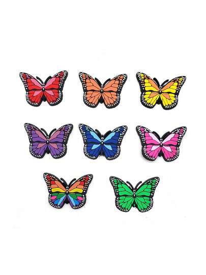 8pcs PVC Soft Cartoon Butterfly DIY Shoe Charms Set, Suitable For Hollow Out Clogs, Beach Sandals, Flip Flops