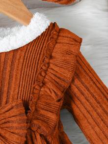 2pcs Baby Girl Dress Set, Cute Ribbed Ruffle Bow Patchwork Elastic Waist Plush Trim Princess Dress & Beret Hat Outfit, Warm Spring/Autumn Casual Wear - Brown - View 6