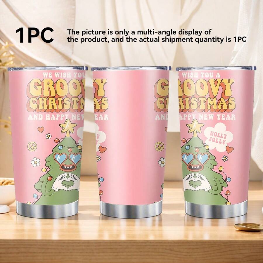 1 cană auto izolată din oțel inoxidabil, de 20 oz, imprimată cu un model de inimă cu brad de Crăciun și un model de litere englezești, decorată cu inimioare și flori, poate fi folosită în mai multe scene, o alegere bună pentru uz personal sau pentru a fi oferită cadou, de Crăciun sau de ziua de naștere.