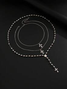 3pcs/Set Punk Hip-Hop Niche Cross Beaded Pendant Necklace, CCB Flower Cross Flat Chain Necklace Set, Men Charm Jewelry - BOXR Chain Necklace - View 5