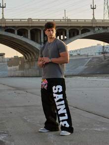 Men's Fashion Brand Navy Blue Contrasting Letter Print Sweatpants Plush Hip-Hop Sports Long Pants Elastic Waist Straight Tube With Saints Graphic - 黑色 - 查看 2