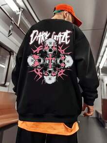 Men's Fashion Creative Design Sense Skull Print Lettering Sports Casual Commute Versatile Long Sleeve Sweatshirt With Round Neck, Loose Fit, Knit Fabric, Polyester 100% - Dark Gaze,Fall Hoodies,Men's Fall Clothes,Street Wear,Halloween,Mens Hoodies,Y2k Clothes,Jesus Hoodie,Thanksgiving Day,Nightmare Before Christmas,Christmas - Black - View 1