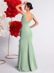 Elisanya Solid Color High Waist Ruffle Hem Slit Open Back Cocktail Party Evening Dress - Green - View 2