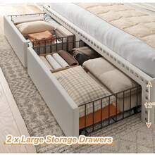 EnHomee Queen/King Bed Frame With 2-Tier Storage Headboard & 2 Storage Drawers, Upholstered Platform Bed Frame , Sturdy Wooden Slats Support, Noise-Free, No Box Spring Needed, Beige - 米色 - 查看 5